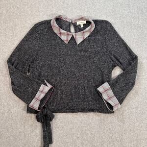 Monteau Knit Collared Sweater 3/4 Sleeve Waist Tie Gray Women's Large Preppy